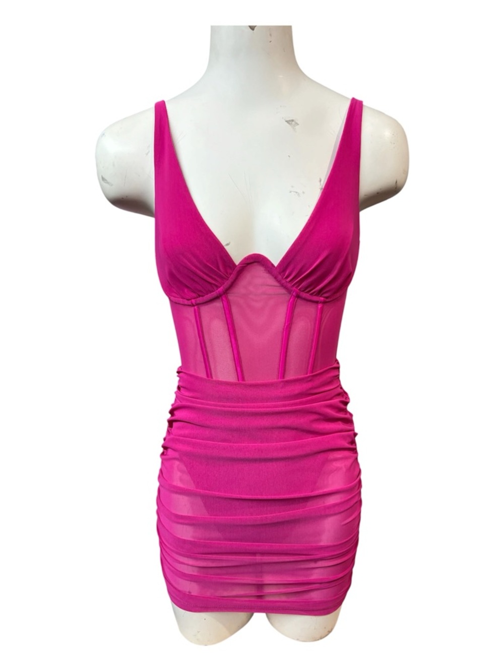 Oh Polly  Pink Mesh Corset Mini Dress Size 2 Ruched Bodycon Sheer Party Club